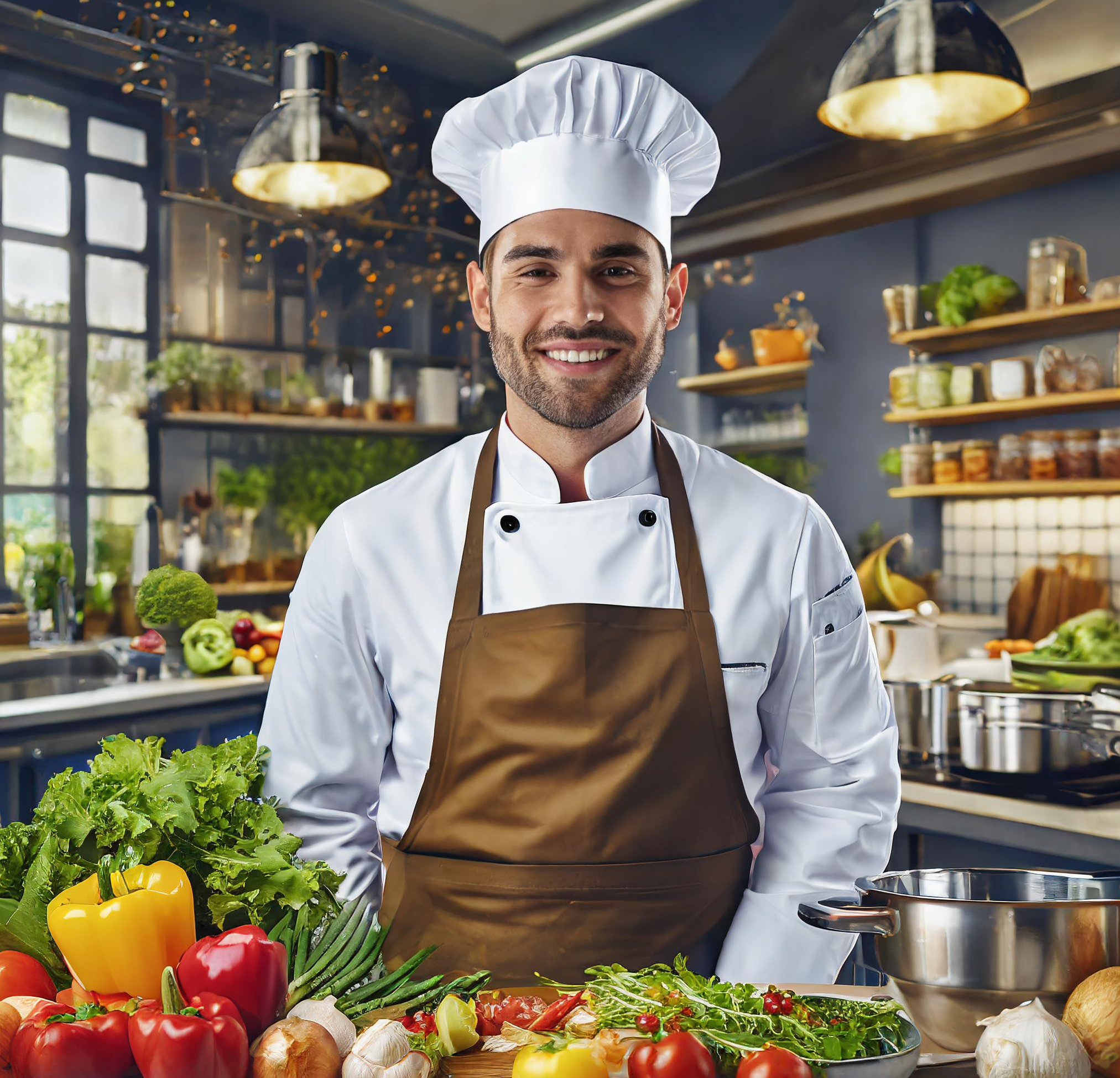 Hands chopping fresh vegetables on a cutting board, surrounded by colorful produce and spices