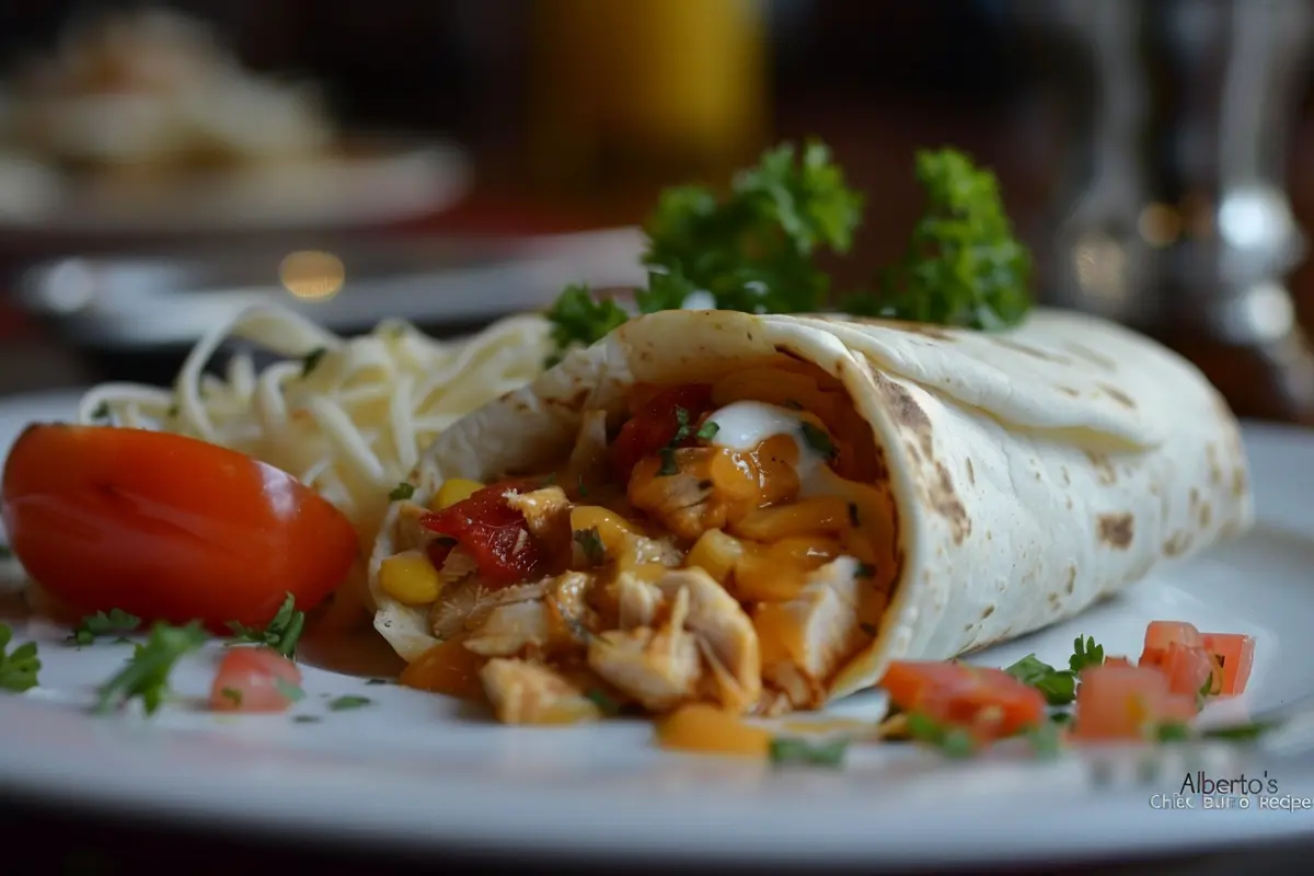 Close-up of Alberto's chicken burrito, featuring a warm tortilla filled with tender grilled chicken, rice, beans, fresh salsa, and melted cheese.