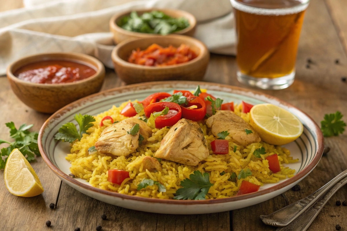 Plate of vibrant yellow rice served with tender, seasoned chicken pieces, garnished with fresh herbs and vegetables.