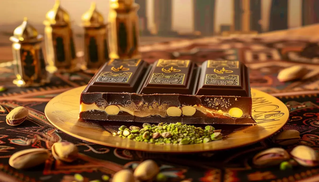 Luxurious chocolate bar with a rich, glossy finish, elegantly wrapped in gold foil and placed on a marble surface