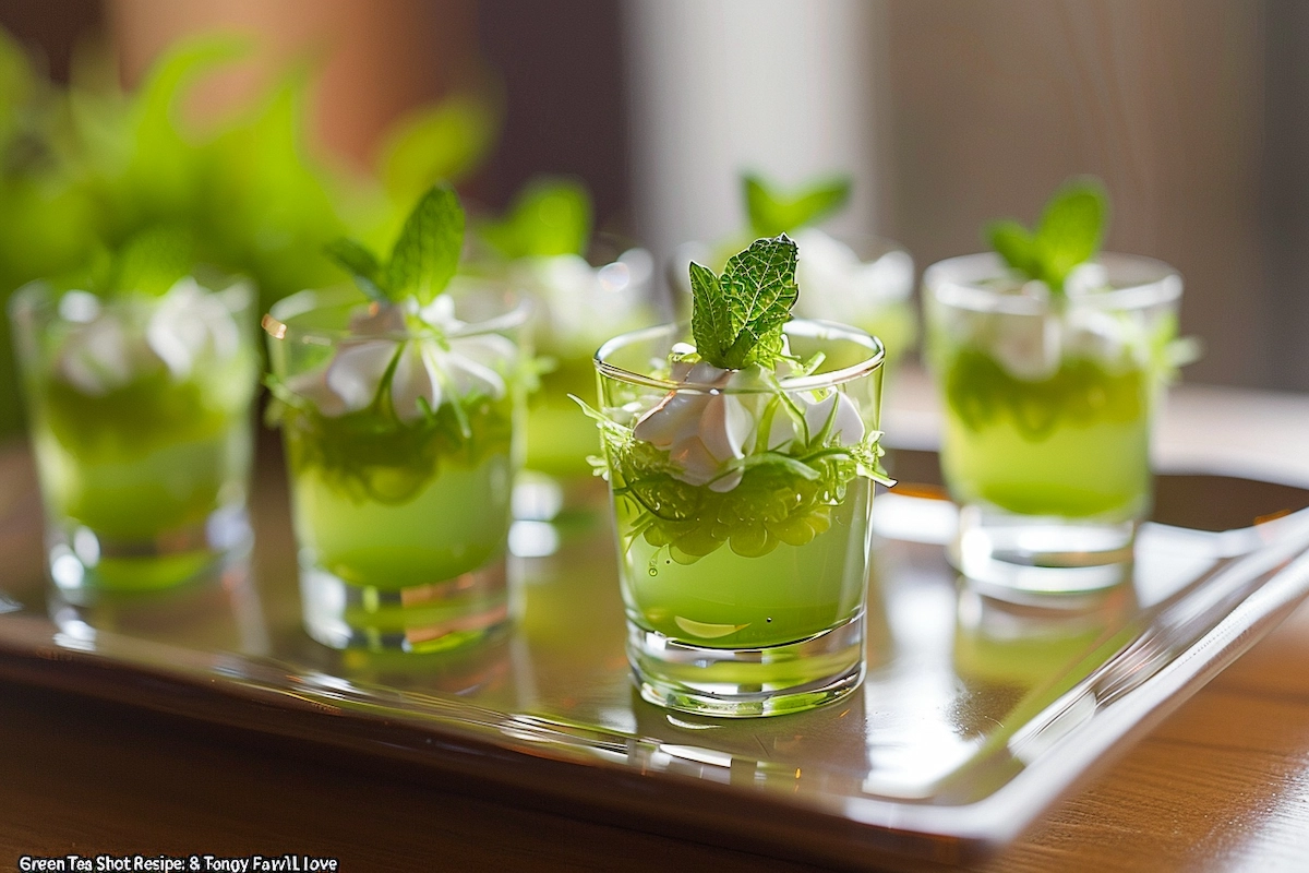 Small glass cups filled with a layered green dessert topped with white cream and mint sprigs sit on a silver tray.