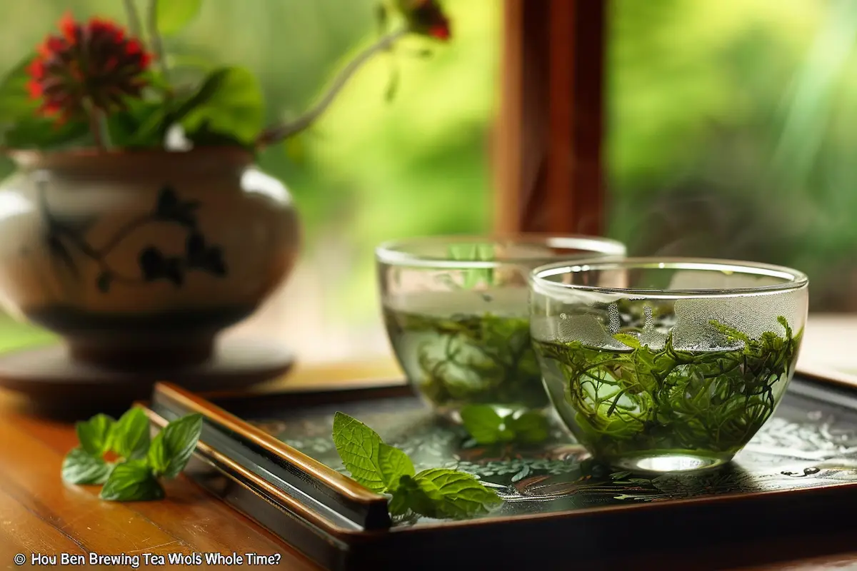 Two glass cups of steaming herbal tea sit on a tray with fresh mint leaves.