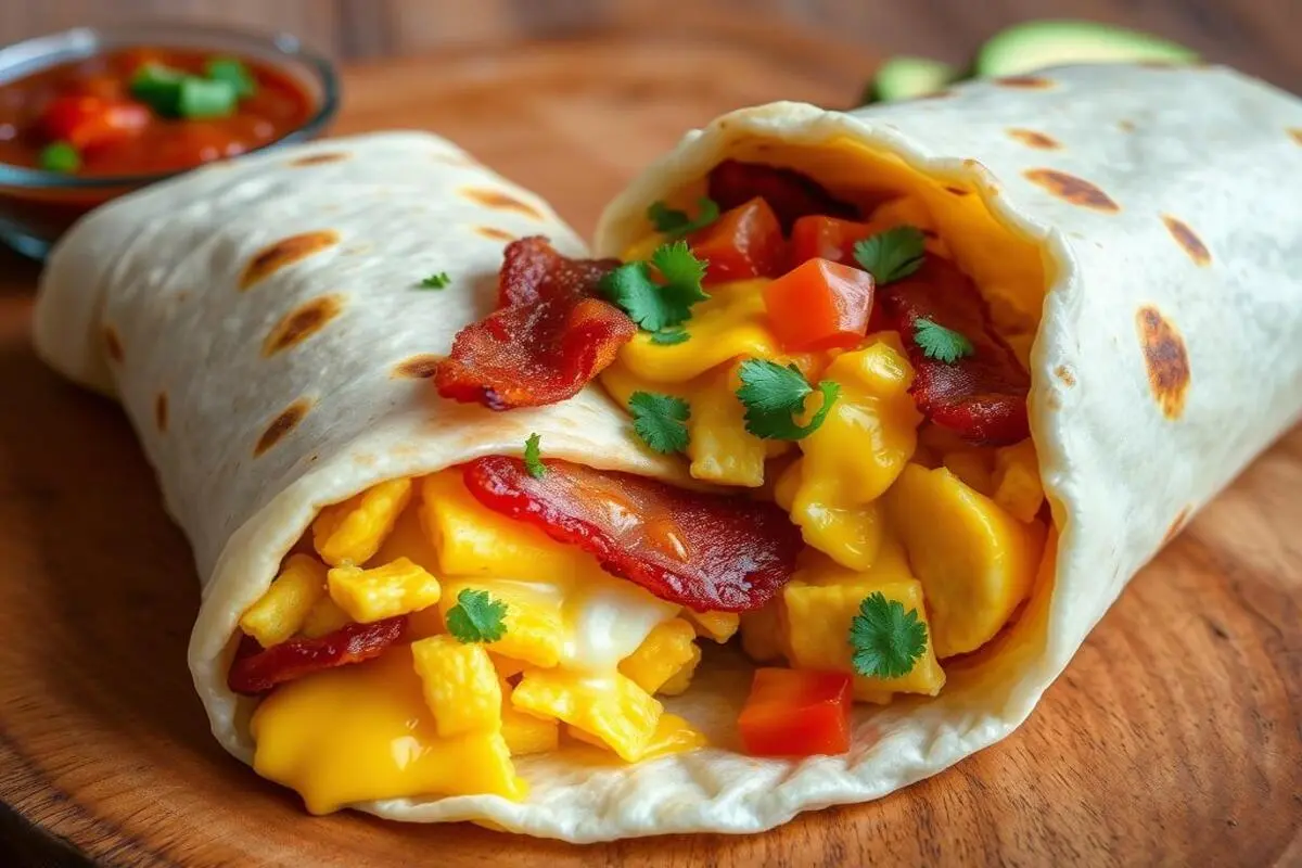 A savory breakfast burrito filled with bacon, scrambled eggs, and melted cheese wrapped in a flour tortilla.