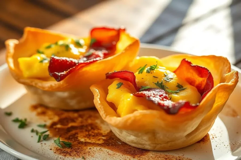 Bacon, egg, and cheese breakfast cups served on a plate.