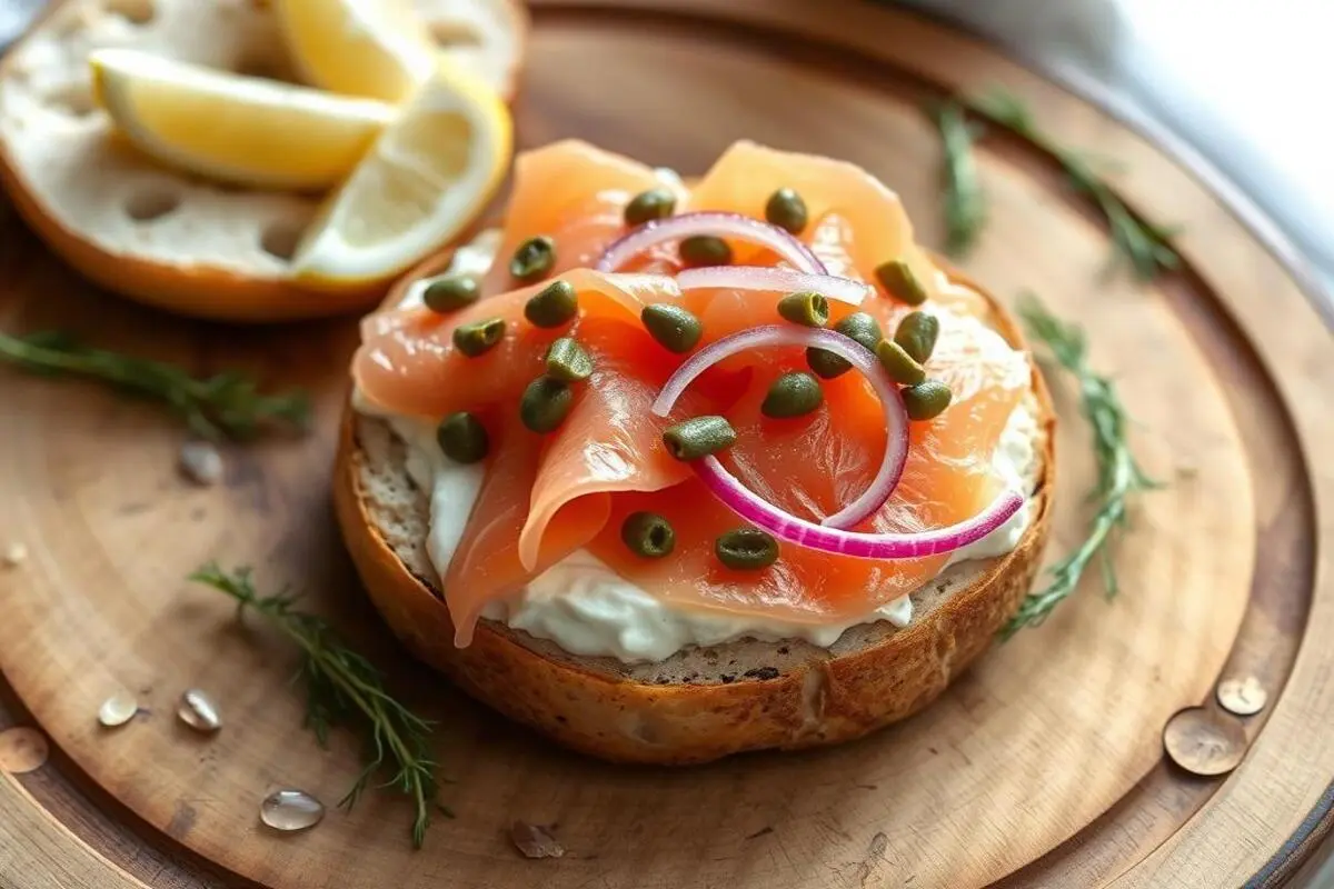 Bagel with cream cheese, topped with smoked salmon (lox), red onions, and capers.