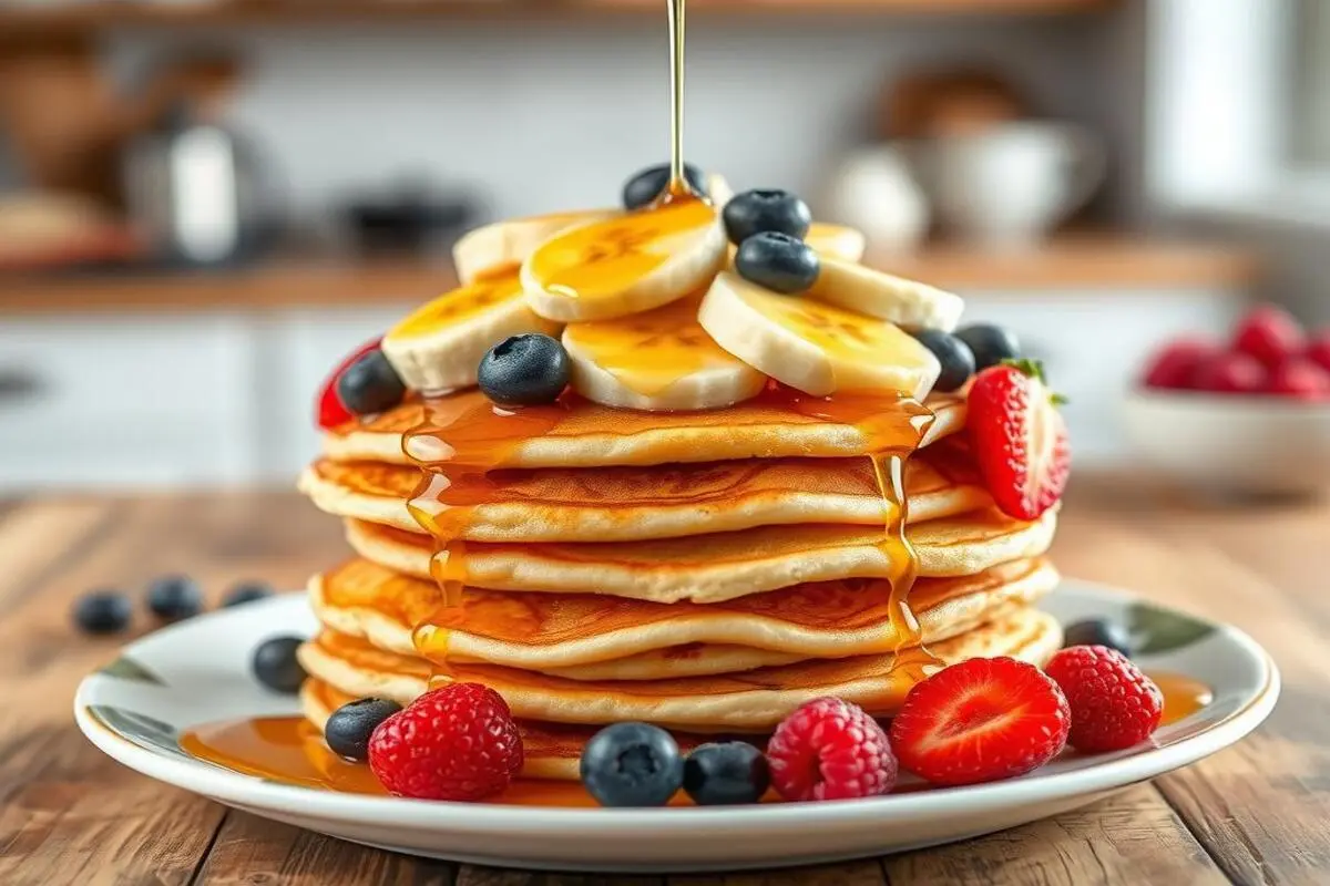 A stack of pancakes topped with sliced bananas, fresh berries, and drizzled with syrup on a breakfast table.