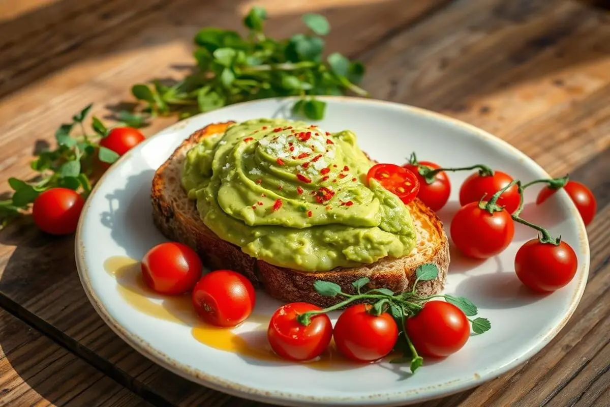 Basic avocado toast with mashed avocado spread over toasted bread.