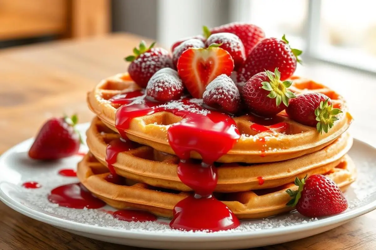 Waffles topped with an assortment of berries and whipped cream