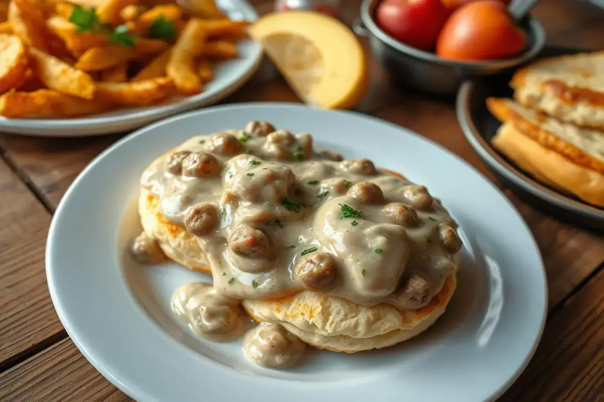 A serving of warm, fluffy biscuits topped with creamy sausage gravy, placed on a rustic plate.