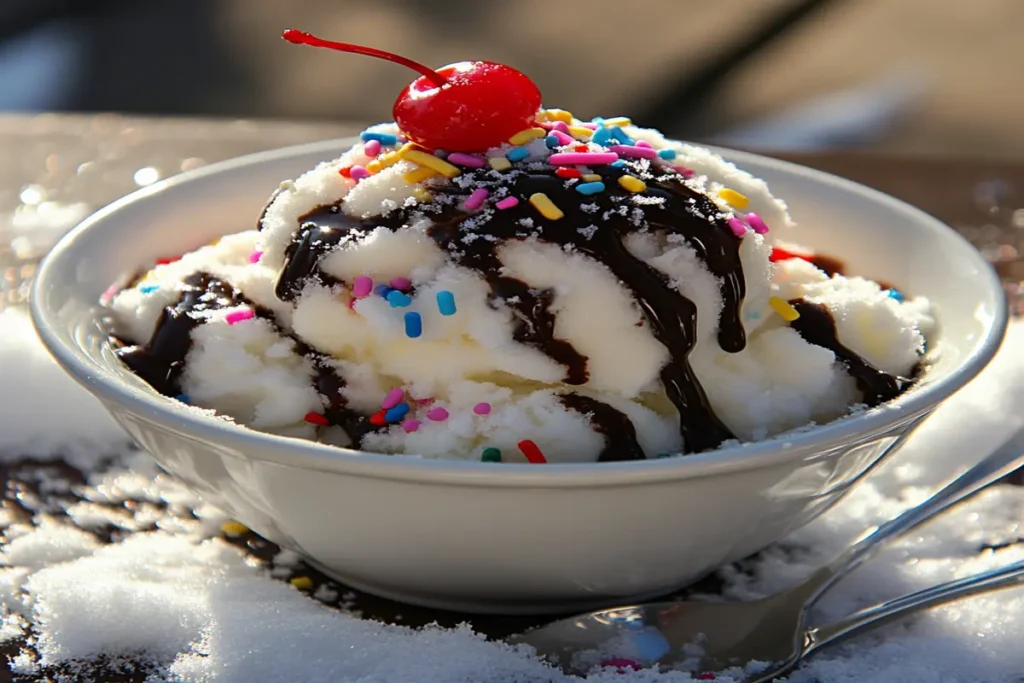 A bowl of chocolate snow ice cream topped with chocolate syrup and shavings, placed on a wooden table.