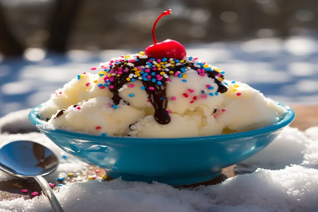 A bowl of vanilla snow ice cream topped with a drizzle of syrup, placed on a wooden table.