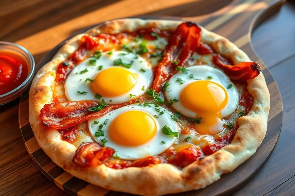 A breakfast pizza topped with crispy bacon, sunny-side-up eggs, and melted cheese.