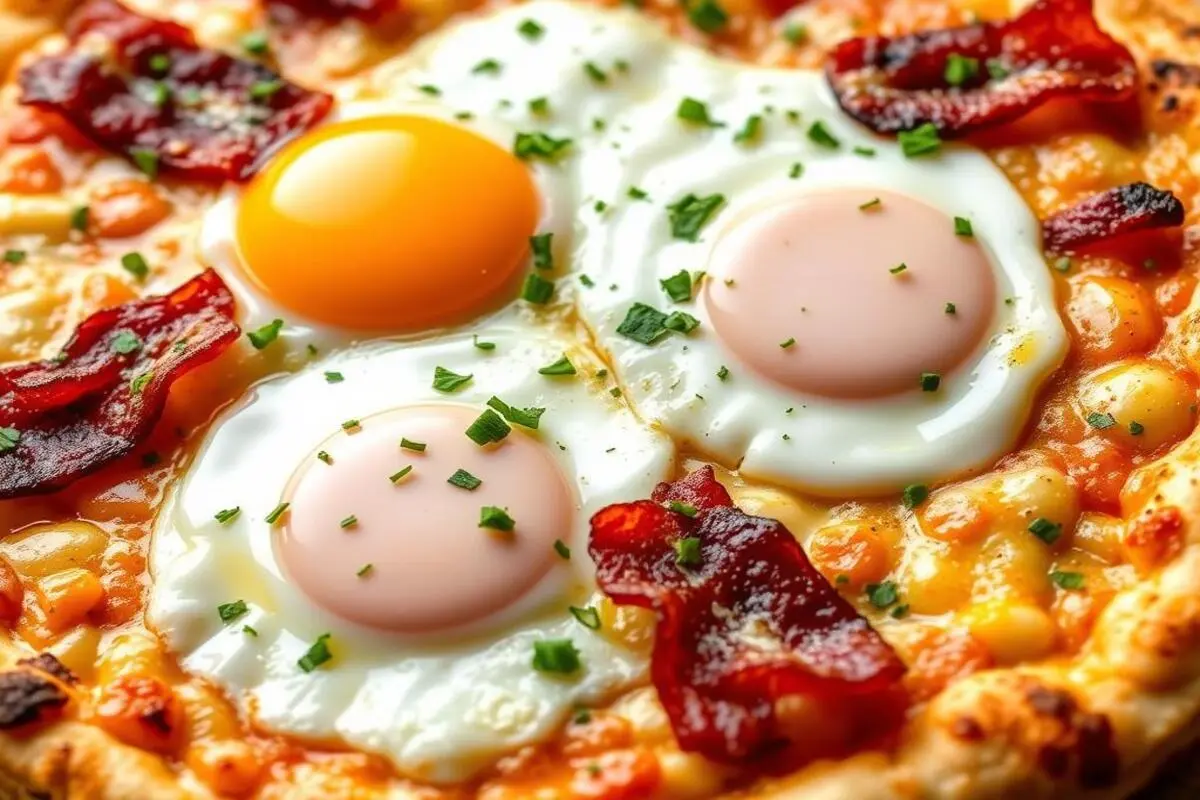 A close-up of a cheesy pizza topped with bacon strips and perfectly cooked eggs.