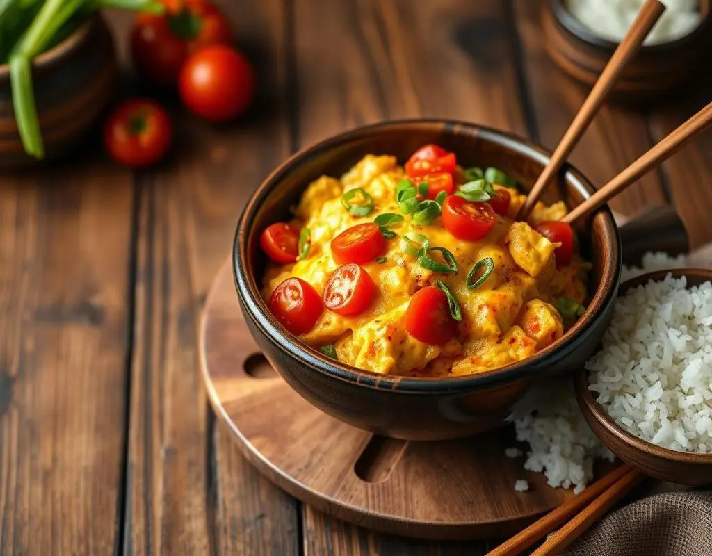 A bowl filled with Chinese-style scrambled eggs and tomatoes, garnished with green onions, served over steamed white rice.