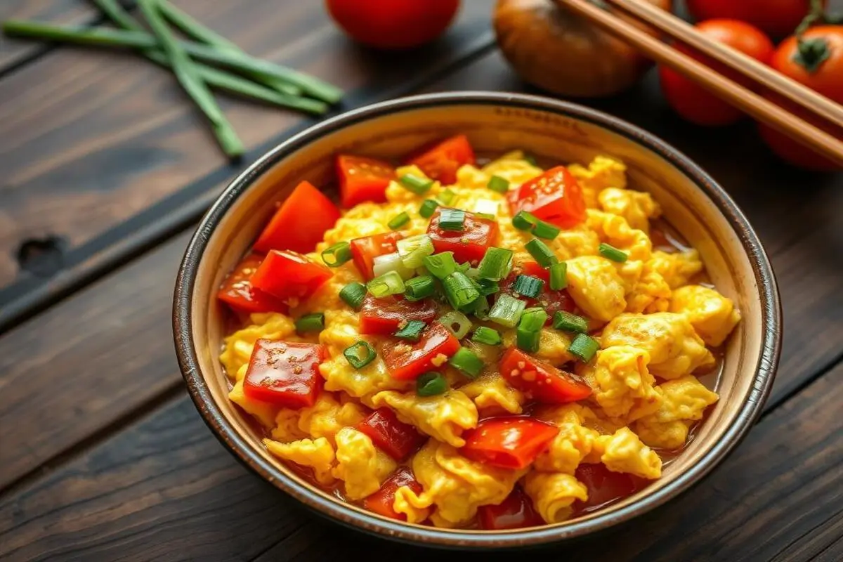 A plate of Chinese-style scrambled eggs mixed with cooked tomatoes, garnished with green onions, served on a white plate.