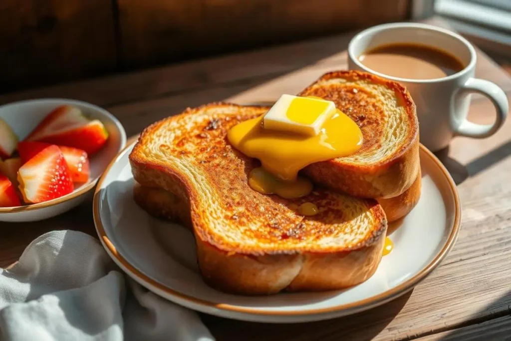 Golden buttered toast with a dollop of vibrant fruit jam on top.