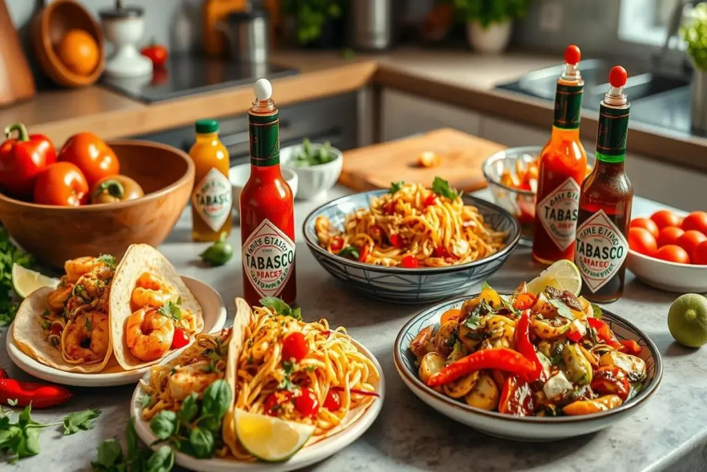 A jar of homemade Tabasco sauce with red chili peppers and a small spoon on a wooden table.