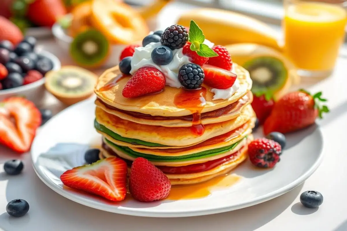 A variety of creative rainbow pancake designs, including ombre patterns and festive holiday-themed shapes.