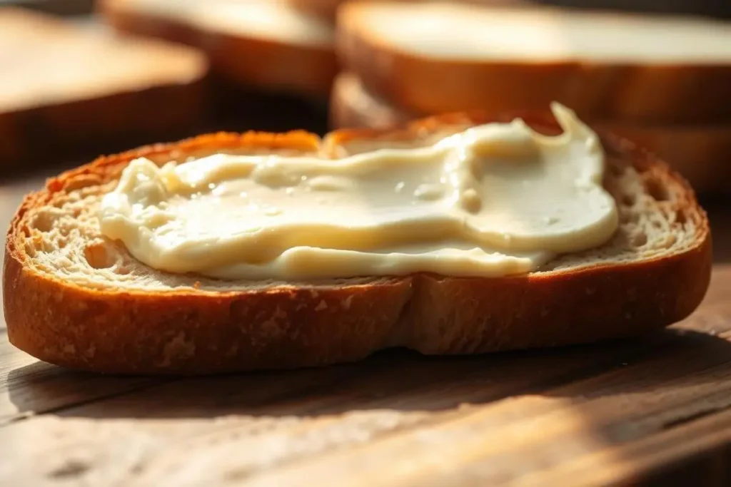 A slice of golden buttered toast garnished with fresh herbs on a white plate.