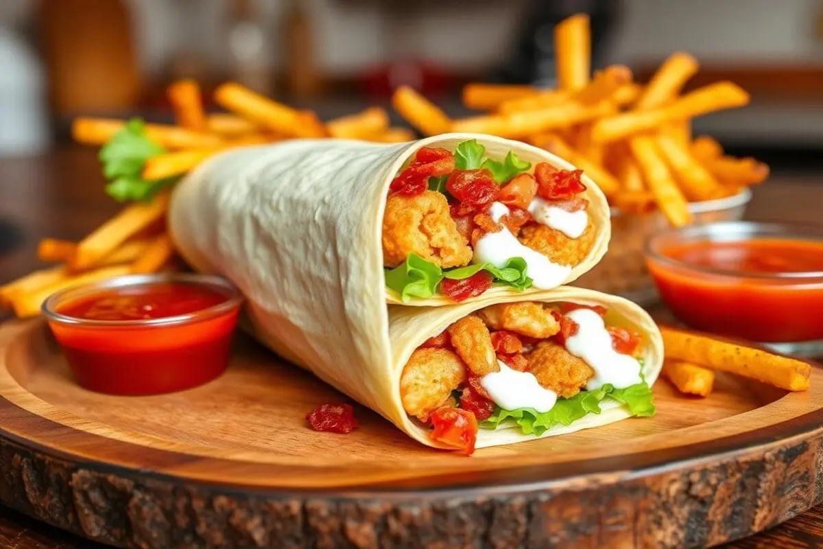 Crispy Chicken Bacon Ranch Wrap with golden-brown chicken, crispy bacon, fresh lettuce, tomato slices, and ranch dressing wrapped in a flour tortilla.