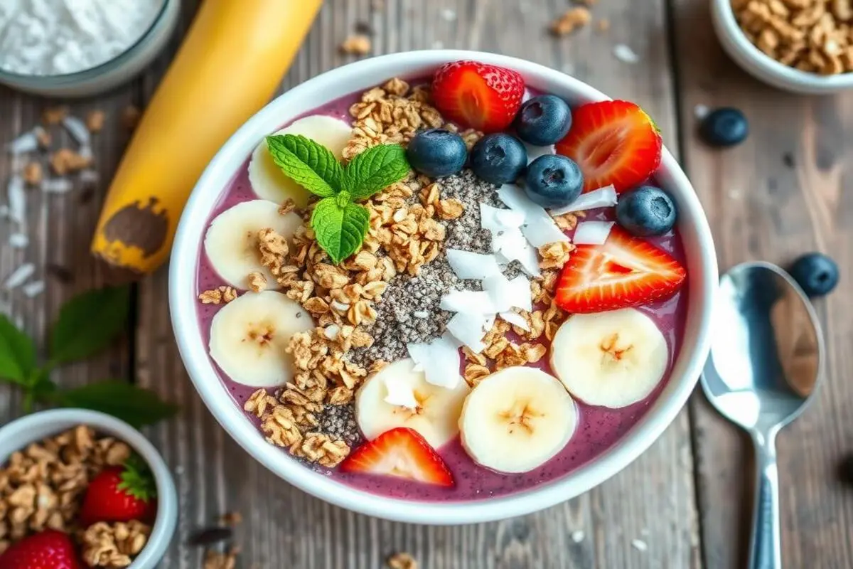 A DIY smoothie bowl with a variety of toppings, including fresh fruit, granola, and seeds, ready to be customized.