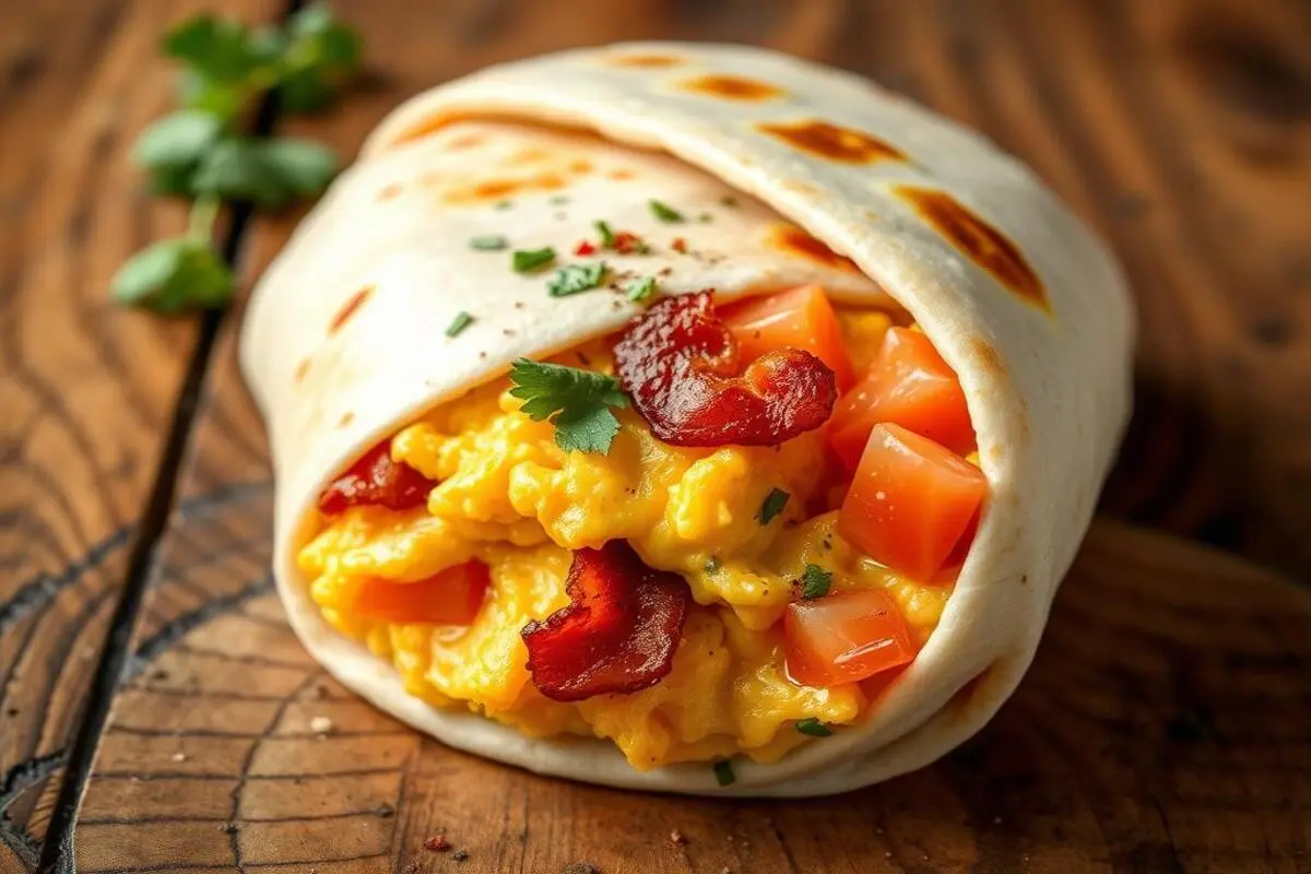 A delicious breakfast wrap with bacon, egg, and cheese, freshly made and ready to enjoy.