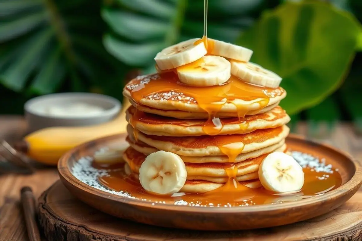 Delicious banana spelt pancakes stacked with fresh banana slices and maple syrup drizzle.