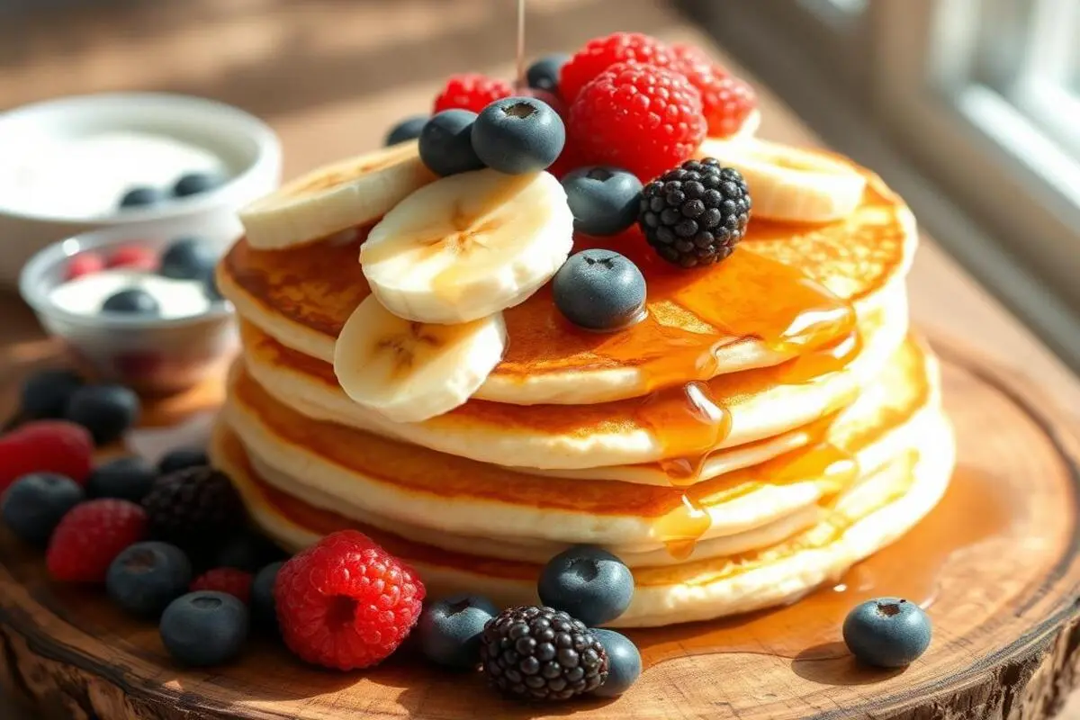 A brunch spread featuring pancakes with bananas and berries, served alongside juice and additional fresh fruit.