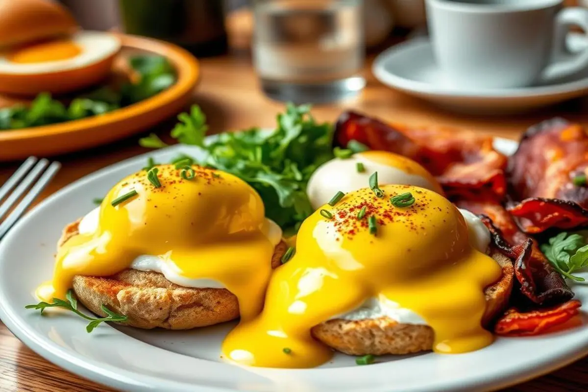 A plate of delicious Eggs Benedict topped with creamy hollandaise sauce and garnished with fresh herbs