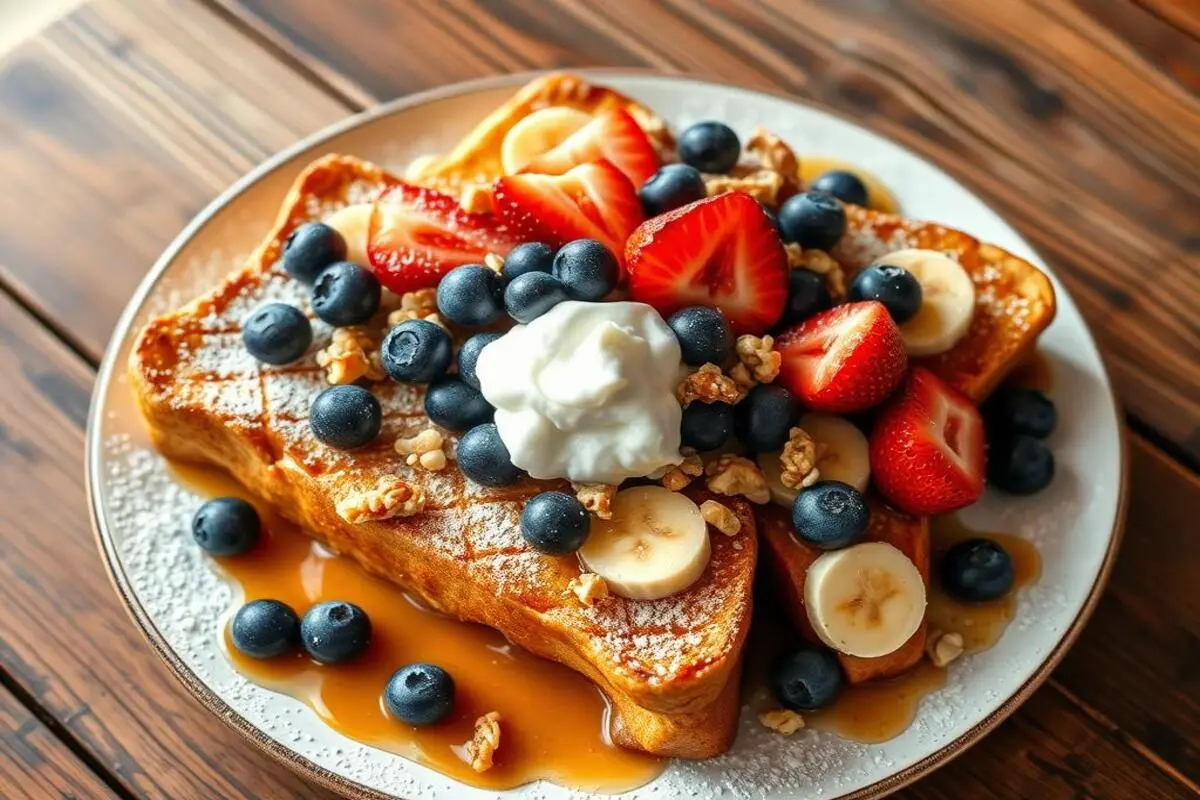 A plate of delicious French toast topped with fresh fruit and syrup.