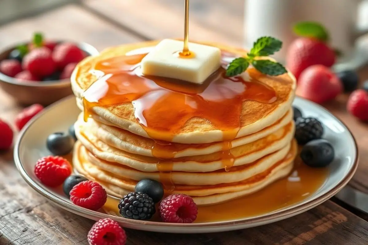 A plate of delicious pancakes stacked high and topped with syrup and fresh berries.