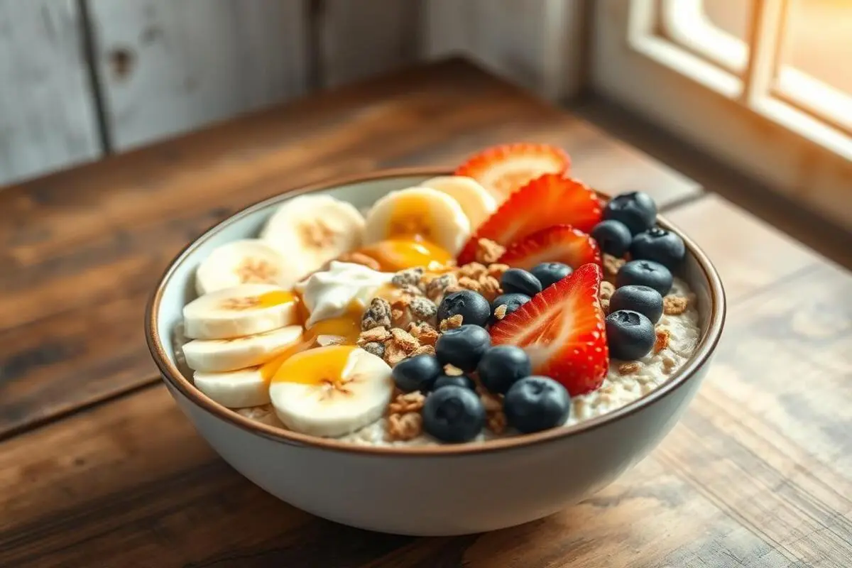 A bowl of oatmeal topped with a variety of delicious toppings, including fresh fruits, nuts, and a drizzle of syrup.