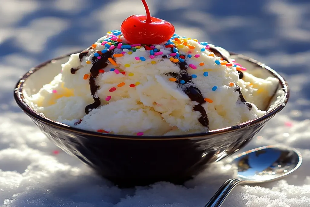 A delightful bowl of snow ice cream garnished with colorful toppings, sitting on a wooden table.