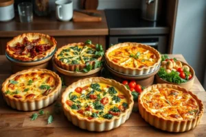 A quiche with spinach and feta baking in the oven, golden brown around the edges.