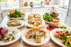 Two slices of easy breakfast quiche with spinach and feta on a plate, garnished with fresh herbs.