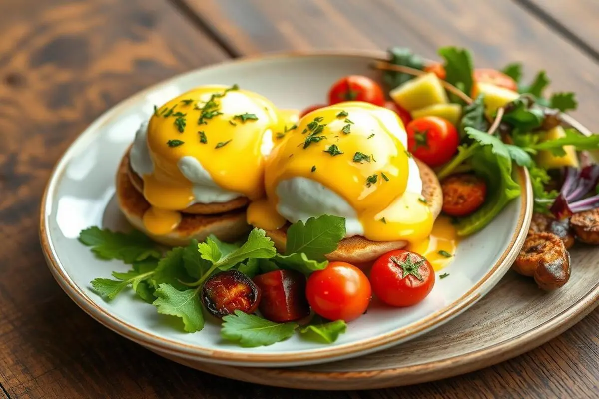 A classic Eggs Benedict with poached eggs, Canadian bacon, and hollandaise sauce on English muffins