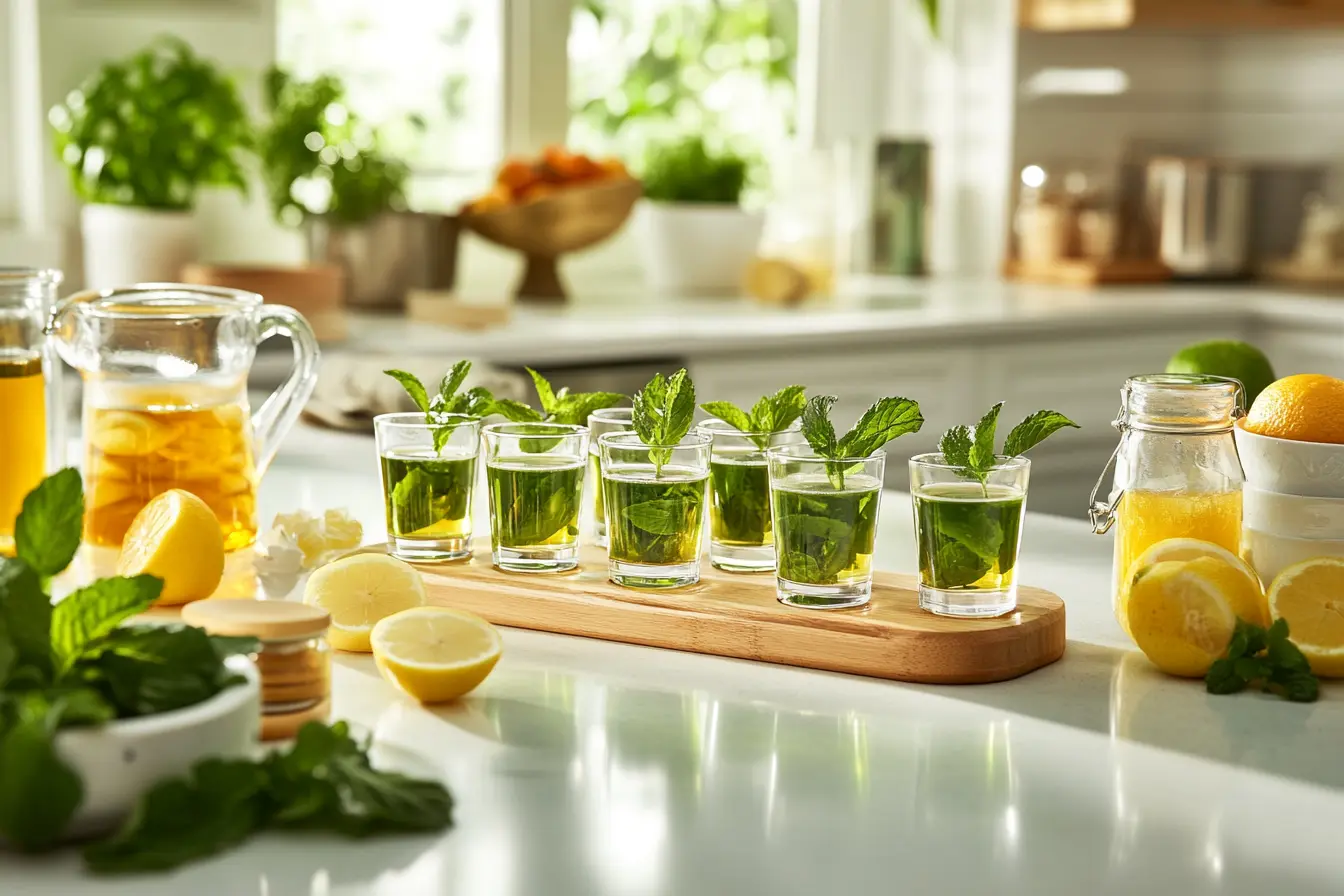 Glasses of herbal lemon drink with fresh mint garnish, surrounded by lemons, mint leaves, and jars of infused water in a modern kitchen.