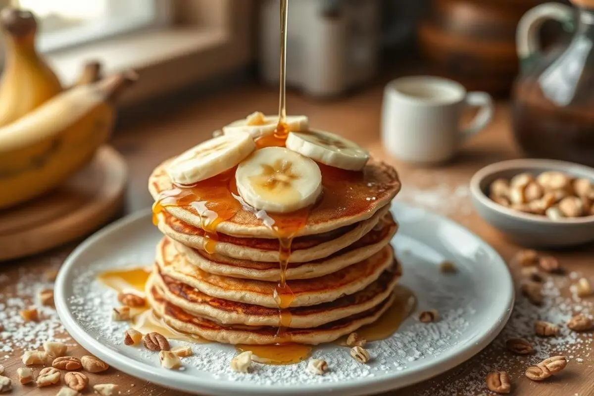 A stack of flourless banana bread pancakes topped with banana slices, nuts, and a drizzle of syrup, served on a rustic plate.