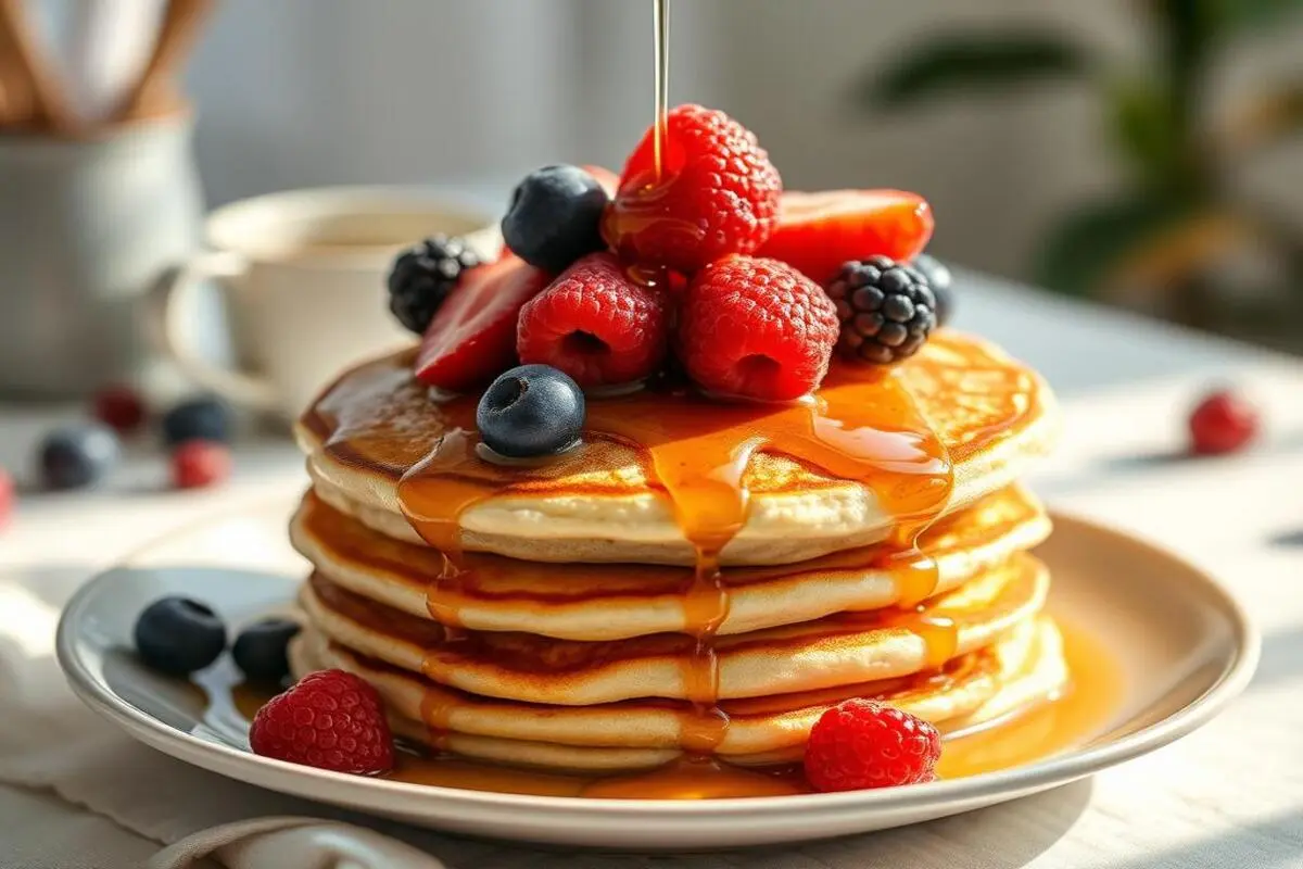 Fluffy pancakes stacked on a plate with a golden-brown finish, topped with syrup and fresh berries.