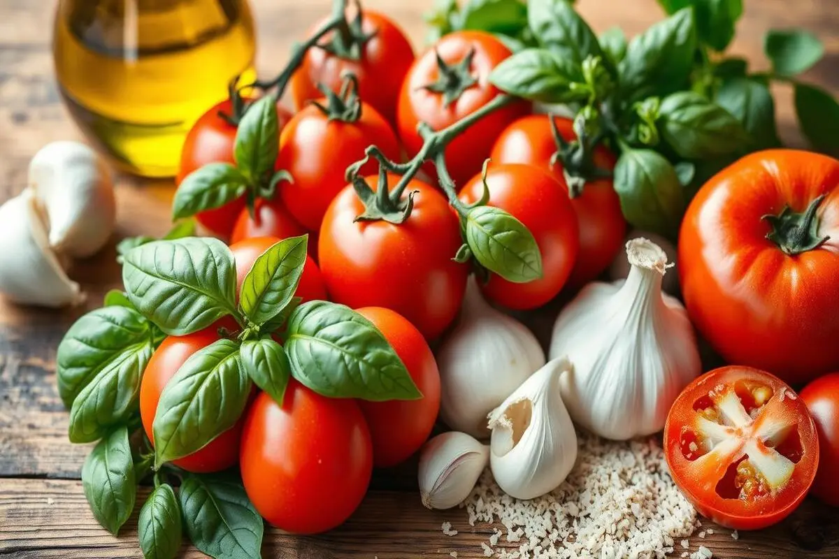 Fresh ingredients for Buitoni sauce on a rustic wooden counter