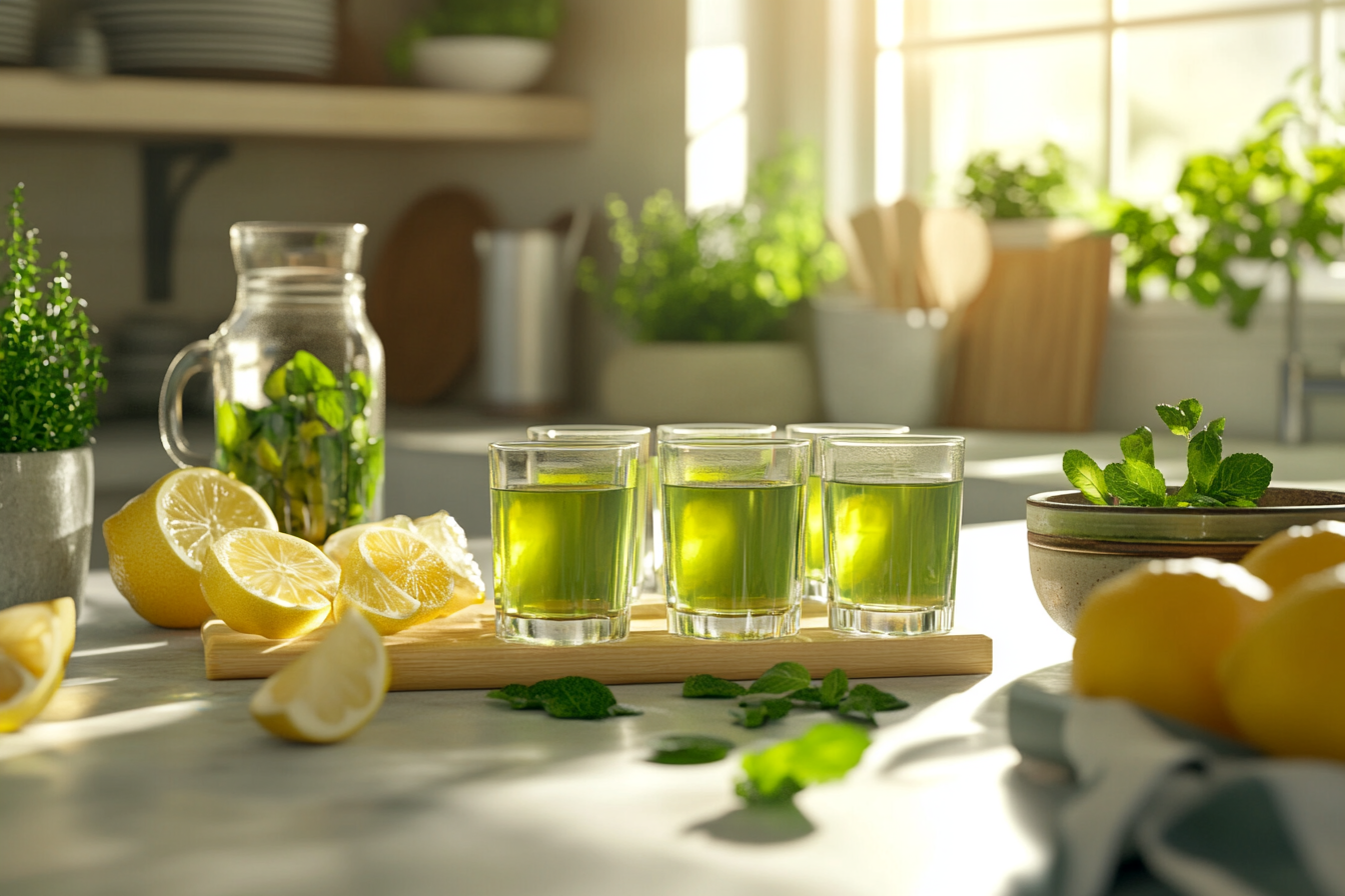 A vibrant green-colored shot of drink in a small glass, with a frothy top and a light reflection.