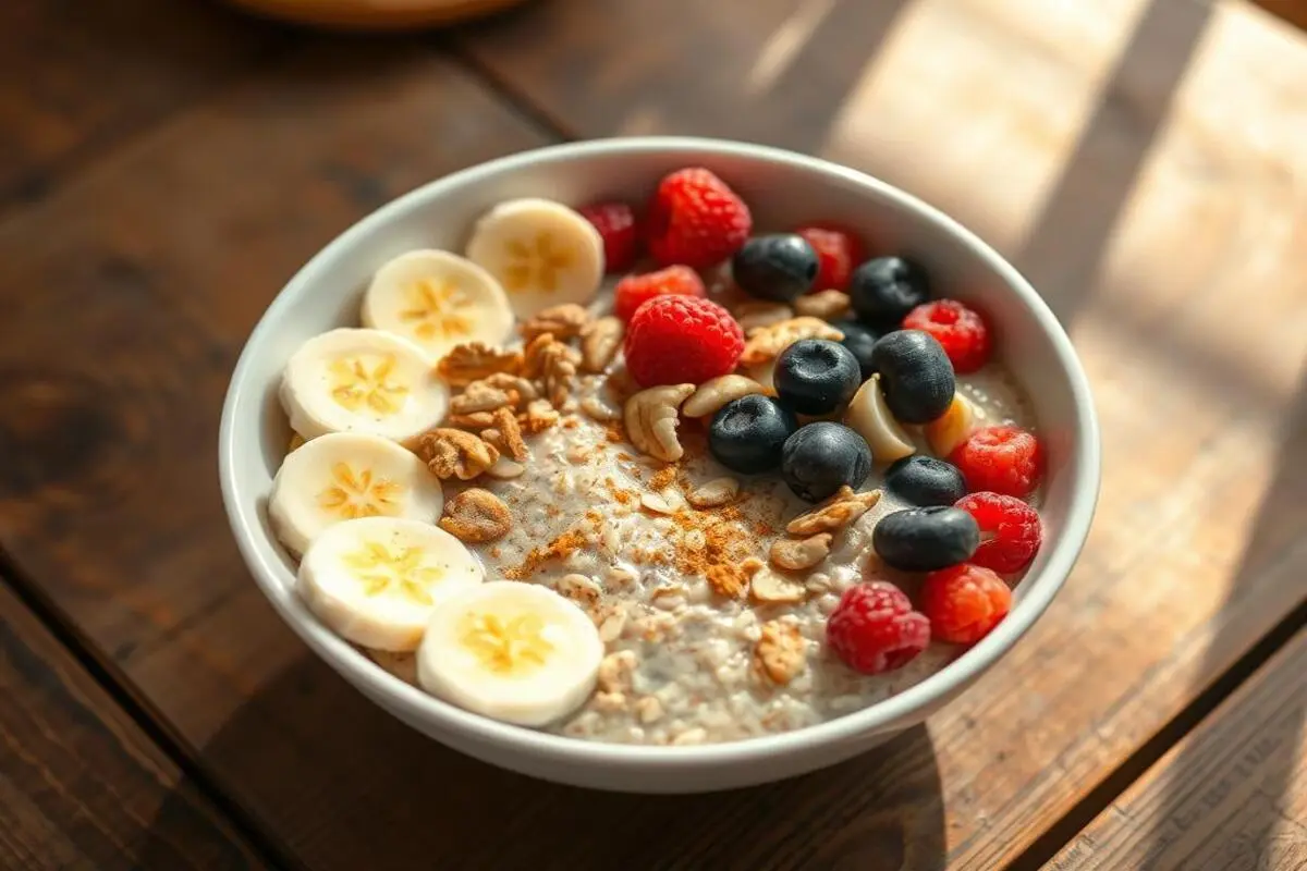 A healthy breakfast spread featuring nutritious foods like fresh fruits, yogurt, whole grains, and a refreshing beverage.