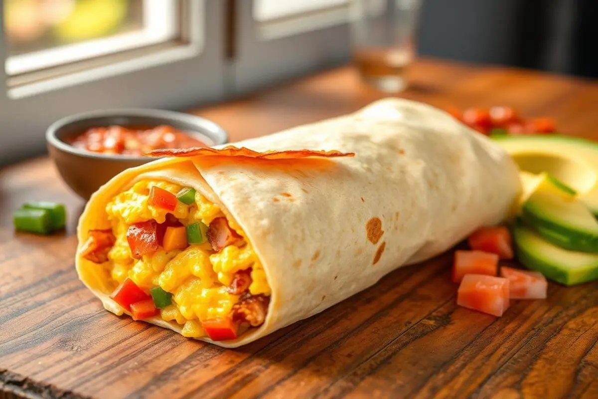 A close-up of a hearty breakfast burrito packed with bacon, eggs, and cheese, served with a side of salsa.