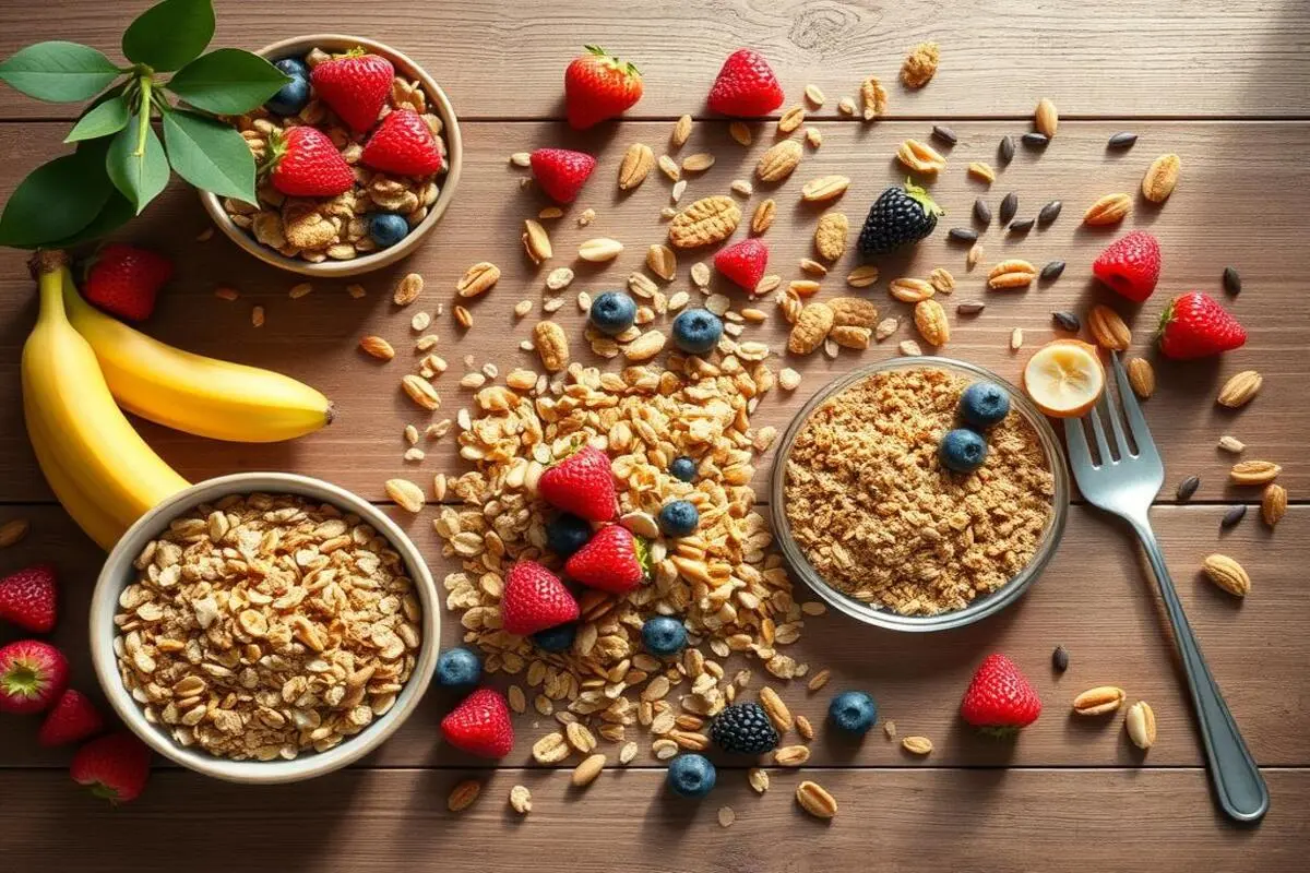 A bowl of high-protein cereal served with fresh fruits and milk.