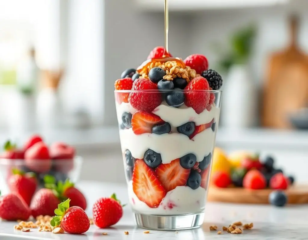 A bowl of high-protein yogurt topped with nuts, seeds, and fresh berries.