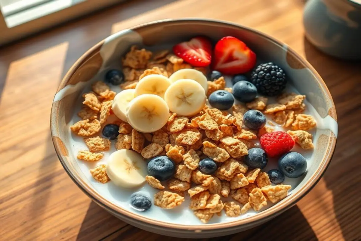 A bowl of high-protein cereal paired with yogurt, fresh fruits, and a side of nuts.