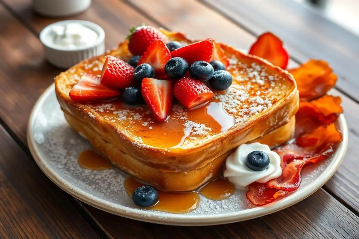 Homemade French toast topped with powdered sugar, fresh fruit, and syrup.