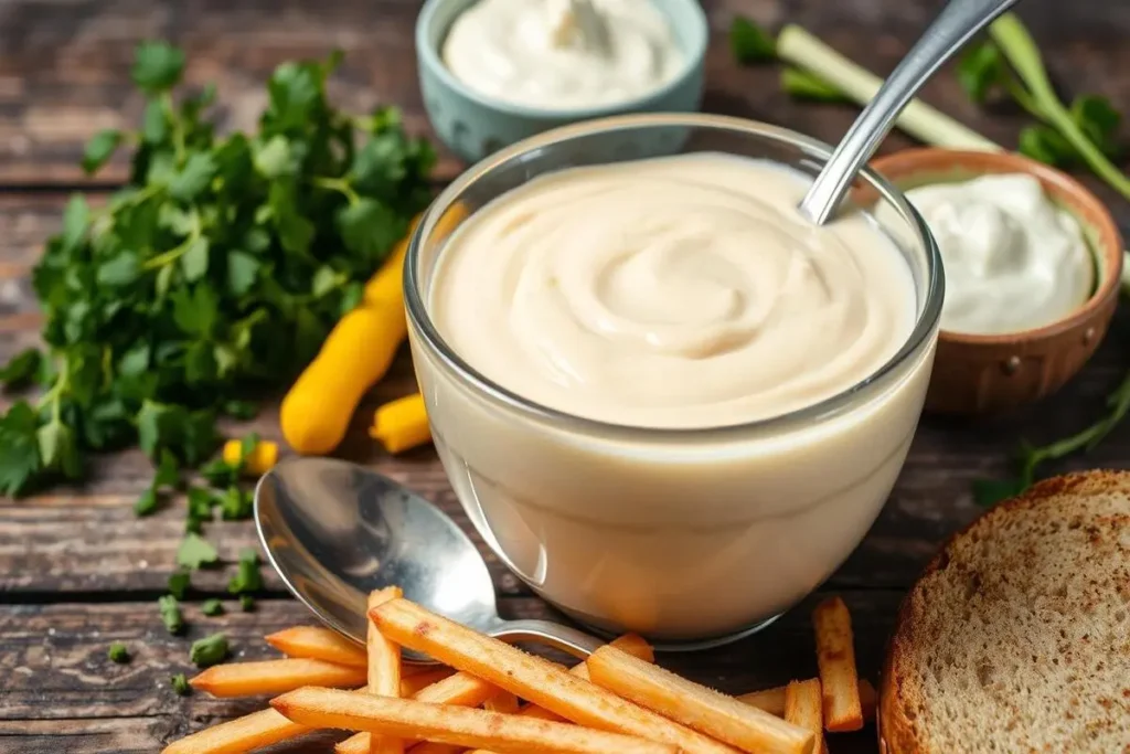 A glass jar filled with homemade sandwich sauce, garnished with fresh herbs and placed on a wooden surface.