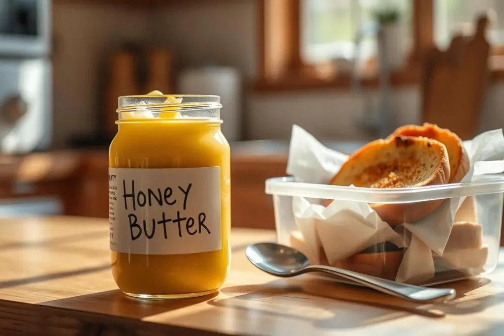 A thick slice of golden honey butter toast topped with fresh strawberries and drizzled with wildflower honey.