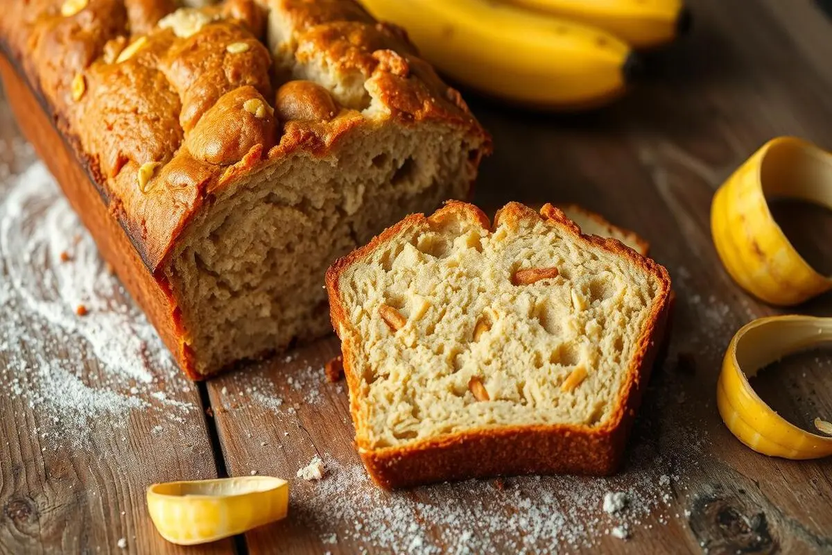 A loaf of moist banana bread with chopped nuts on top and a slice served on a plate